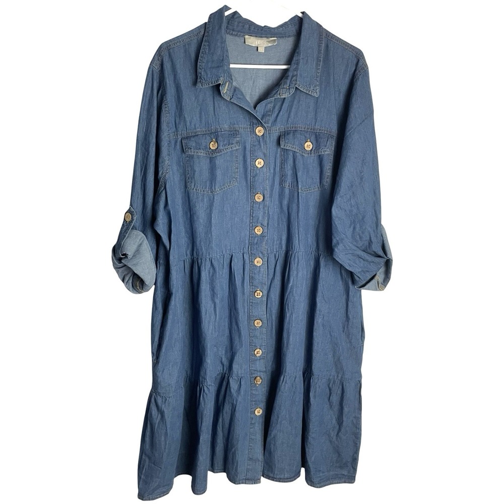 J Gee Womens Denim Tiered Dress Size 3X Blue Button Up Roll Tab Western Cowgirl